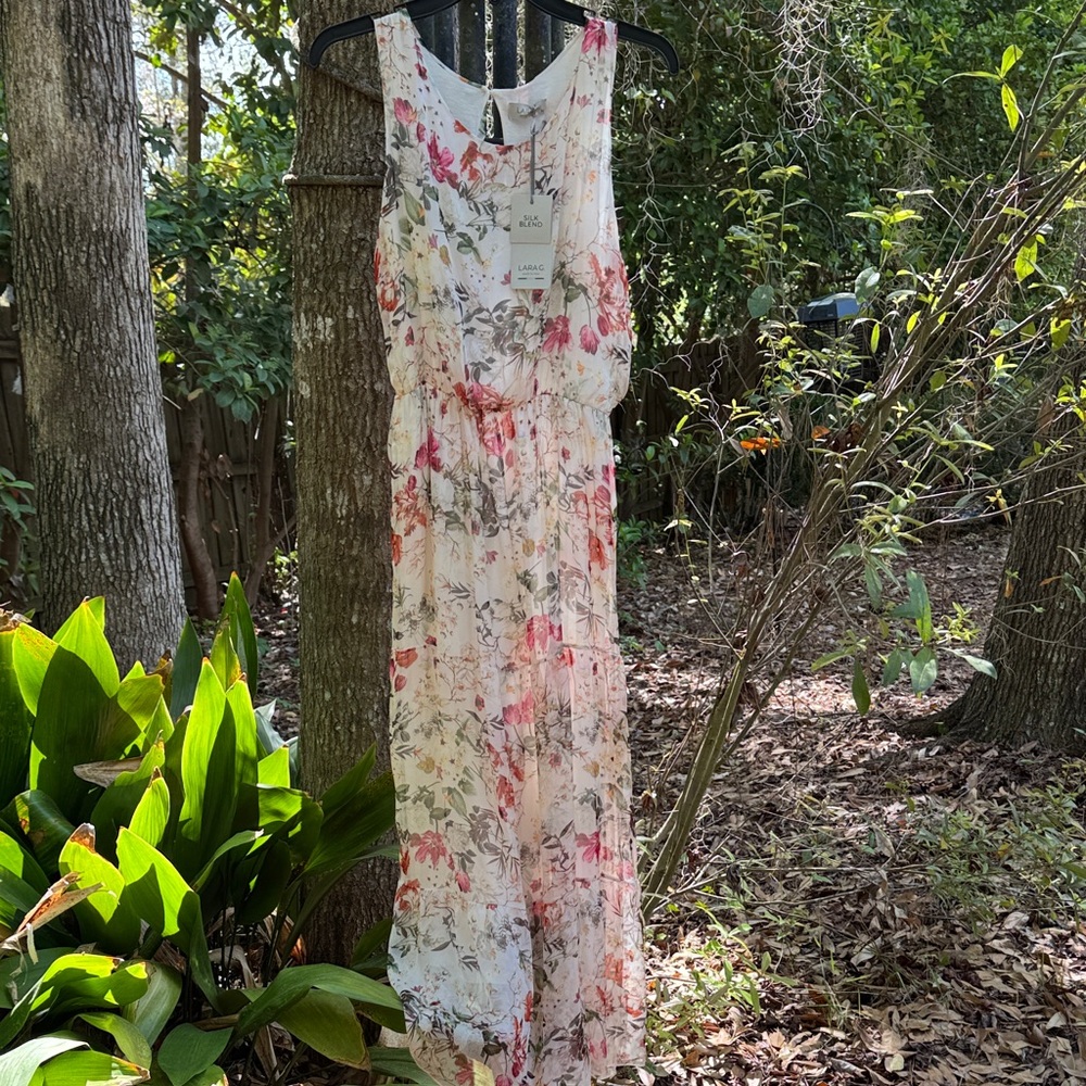 LARA White Maxi Dress with Pink & Green Floral Print, Italian Silk Blend, size M